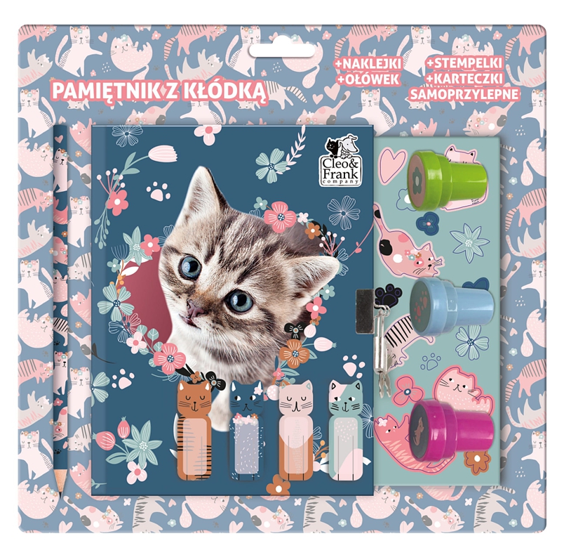 DENÍK SE ZÁMKEM, RAZÍTKY A DOPLŇKY CLEO A FRANK KOČKA