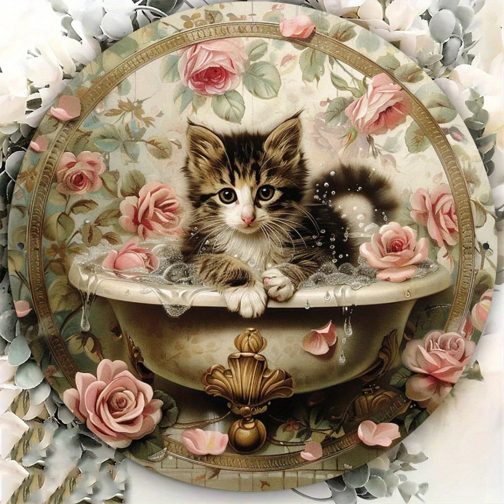 Plechová vintage cedule Cat & Rose 20cm