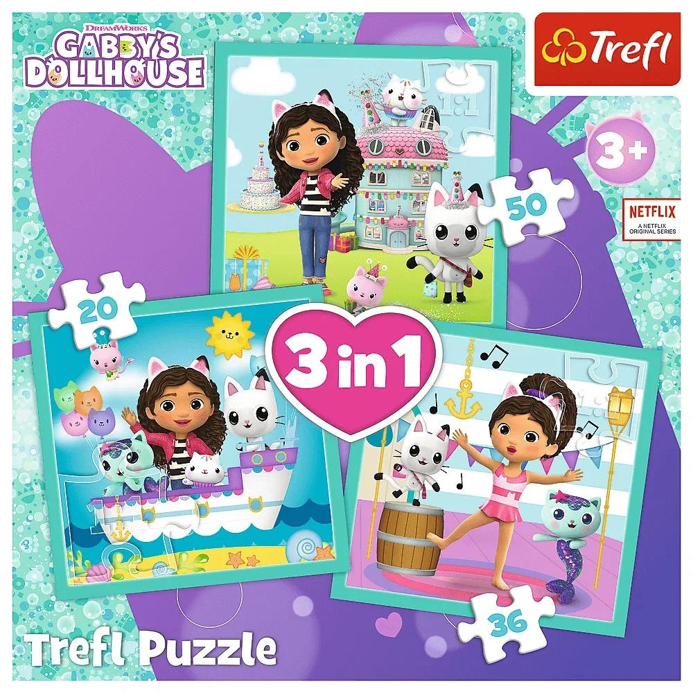 Puzzle Gabby´s Dollhouse 3 v 1 mix 20, 36 a 50 dílků