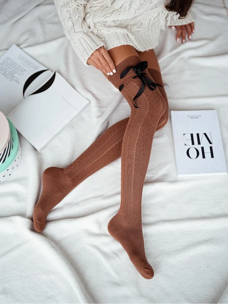 Dámské bavlněné nadkolenky s copánky a stuhou námořnické karamelové