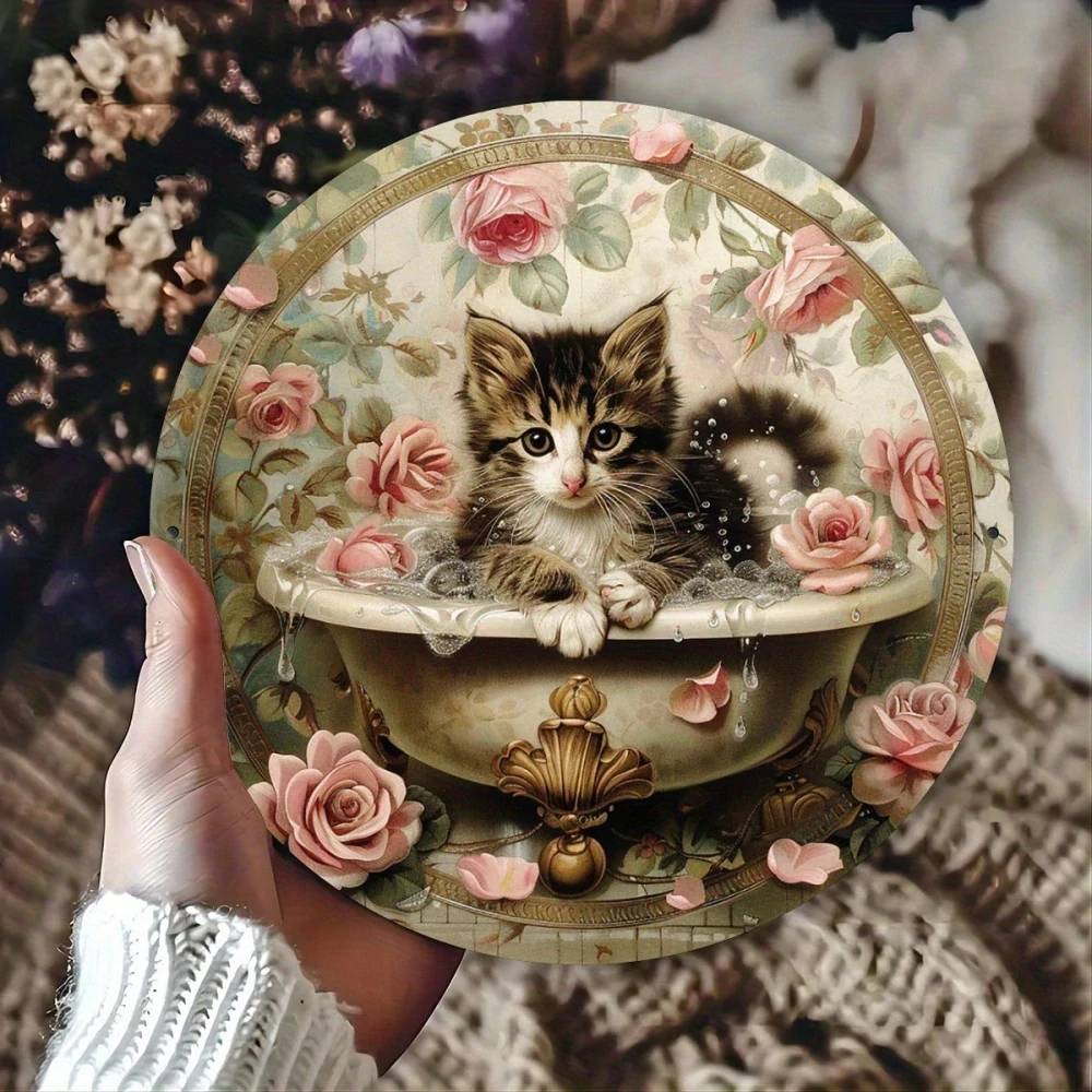 Plechová vintage cedule Cat & Rose 20cm