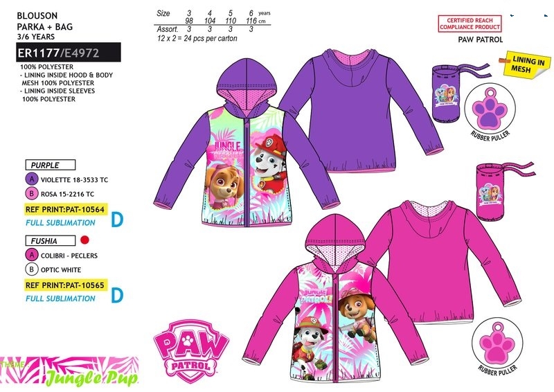 DÍVČÍ ŠUSŤÁKOVÁ BUNDA PAW PATROL fialová 104