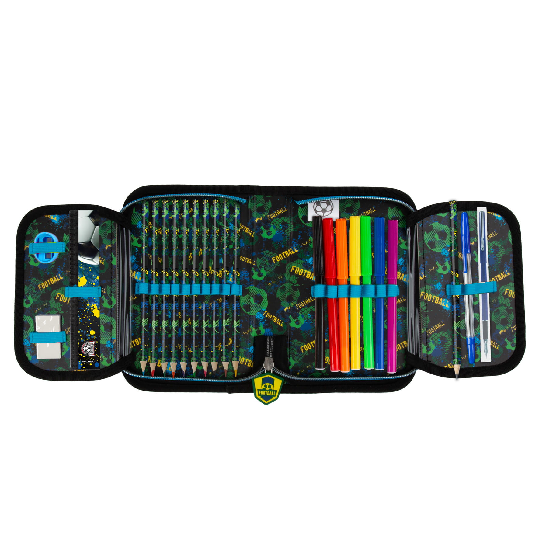 Školní jednopatrový penál plně vybavený fotbal