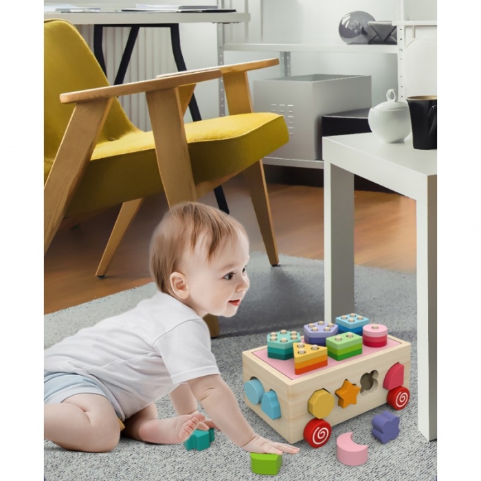 WOODEN TOYS VKLÁDACÍ VOZÍK NA KOLEČKÁCH S BLOKY
