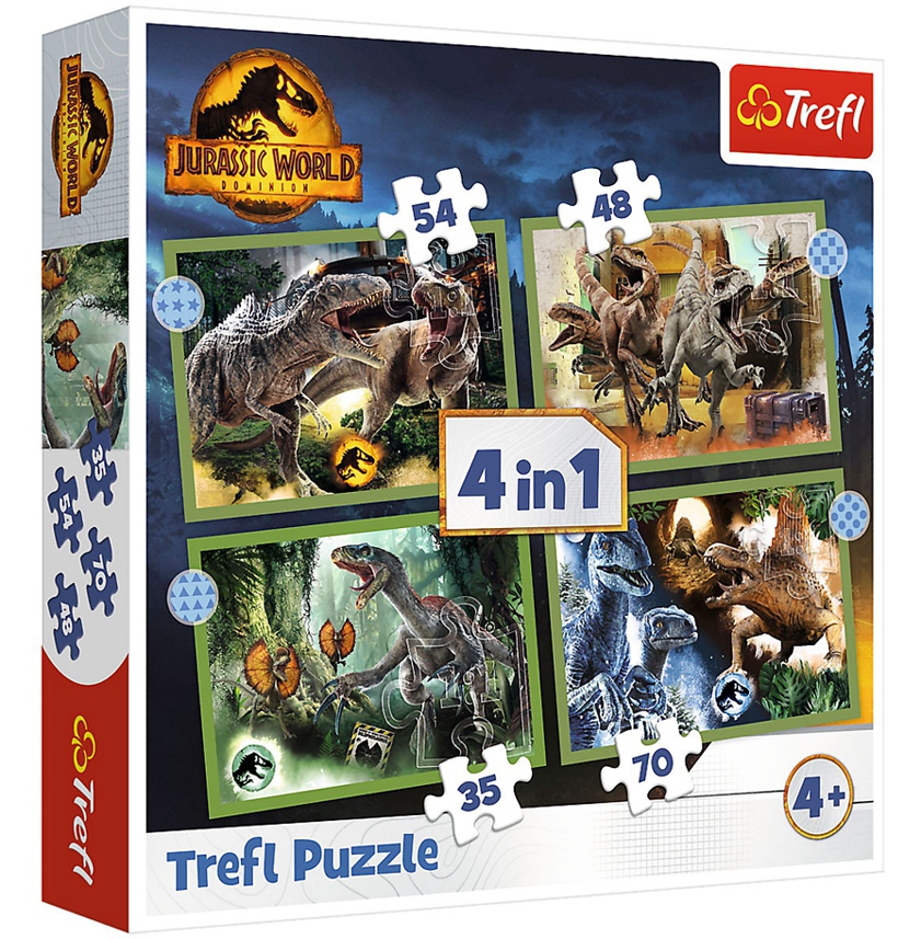 PUZZLE DINOSAUŘI JURSKÝ SVĚT 4 V 1 MIX 35,48,54 A 70 DÍLKŮ