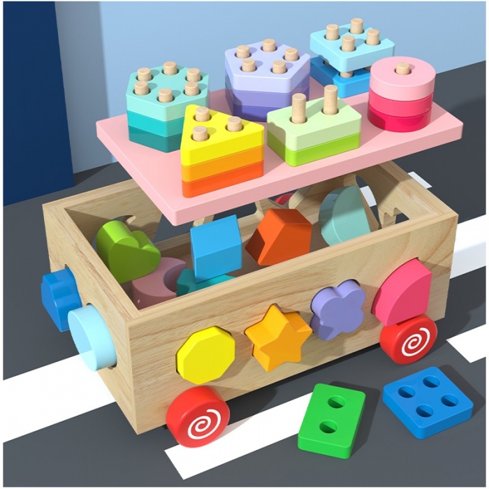 WOODEN TOYS VKLÁDACÍ VOZÍK NA KOLEČKÁCH S BLOKY