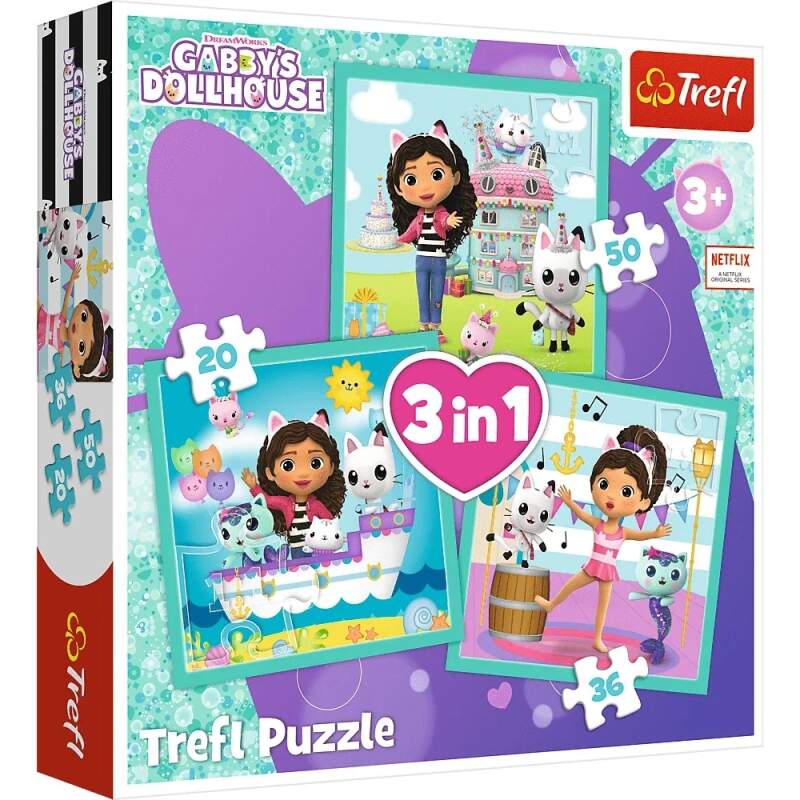 Puzzle Gabby´s Dollhouse 3 v 1 mix 20, 36 a 50 dílků