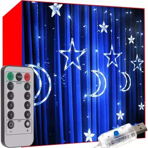 Iso světelný závěs, záclona měsíc a hvězdy studená bílá 136 LED, dálkový ovladač, časovač