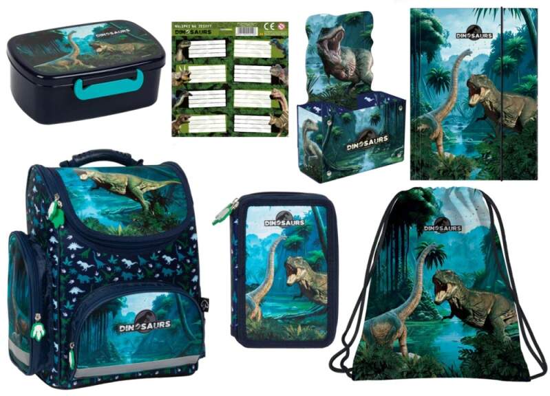 Zvýhodněná školní sada s aktovkou dinosauři 7 ks