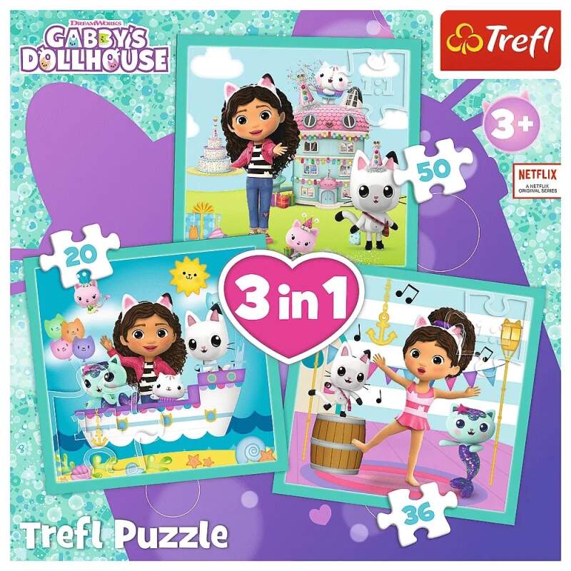 Puzzle Gabby´s Dollhouse 3 v 1 mix 20, 36 a 50 dílků