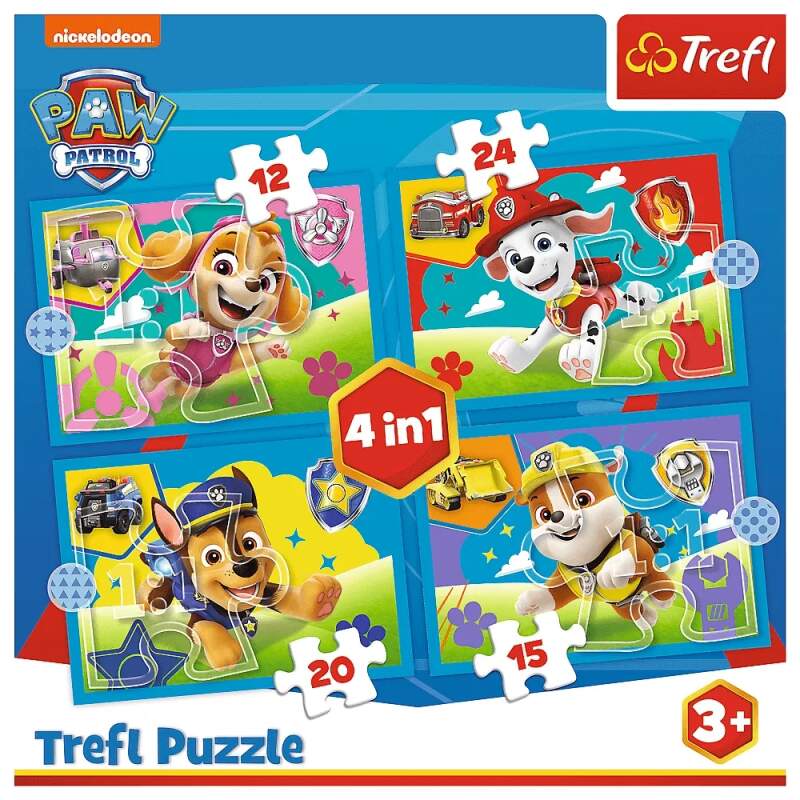 Puzzle Paw Patrol Štěňata v běhu 4 v 1 mix 12, 15, 20 a 24 dílků