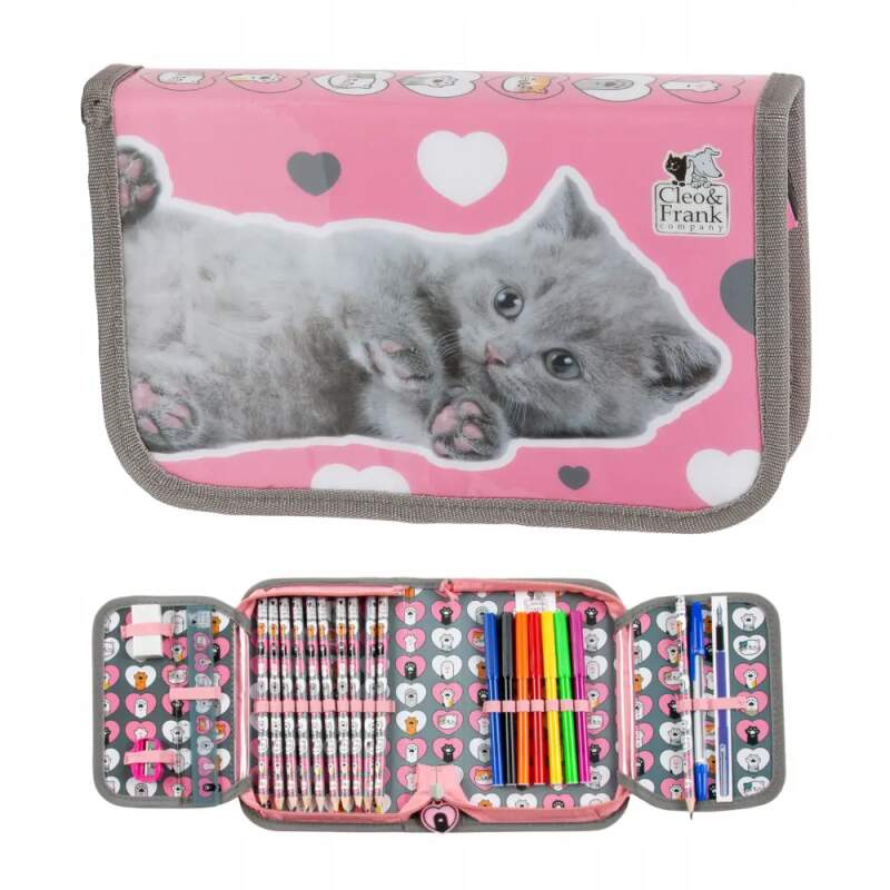 Školní jednopatrový penál plně vybavený Cleo a Frank kočka