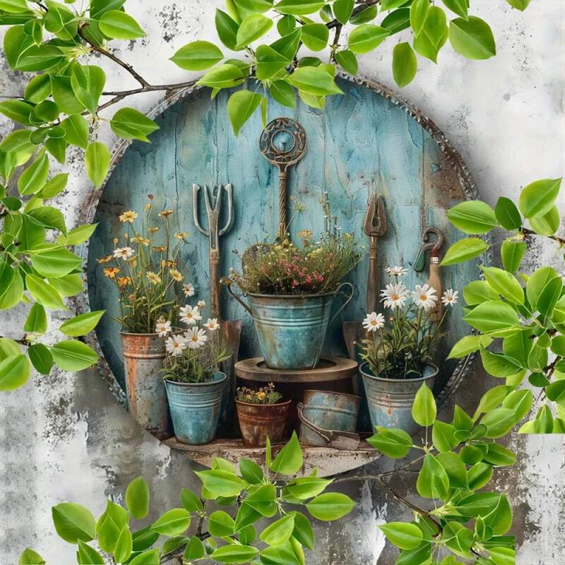 Plechová vintage cedule se zahradním nářadím a květinovým vzorem 20cm