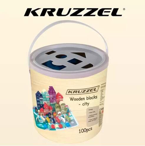 Kruzzel dřevěné kostky město s podložkou v kyblíku 100 ks