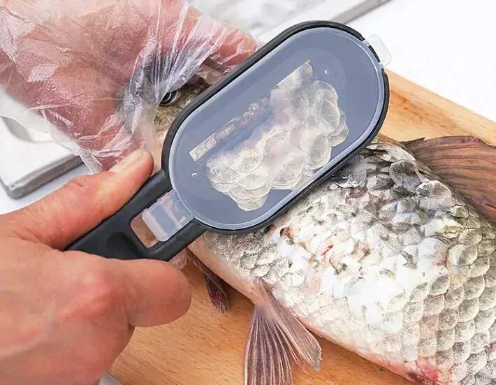 ŠKRABKA NA RYBY SE ZÁSOBNÍKEM A NOŽÍKEM 20 CM