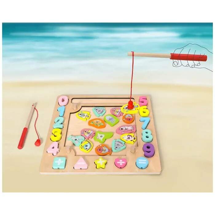 WOODEN TOYS DŘEVĚNÁ VÍCEÚČELOVÁ HRAČKA CHYTÁNÍ RYBIČEK