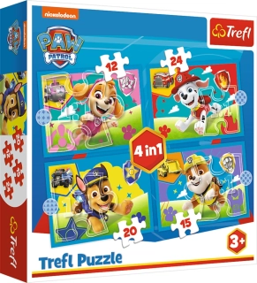 Puzzle Paw Patrol Štěňata v běhu 4 v 1 mix 12, 15, 20 a 24 dílků