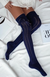 Dámské bavlněné nadkolenky s copánky a stuhou námořnické modré
